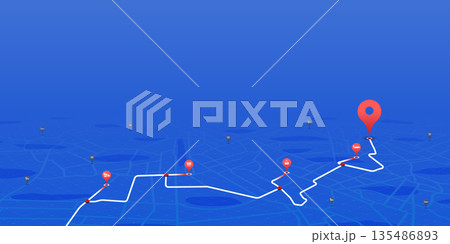 Highway disruptions. Accident road. Closed turns of the route, road. Traffic detours on perspective map. Location tracks dashboard. Generic city map with signs of streets. Vector illustration 135486893