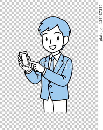 Illustration material of a businessman in a suit pointing at his smartphone Illustration material of a businessman in a suit pointing at his smartphone 135487330