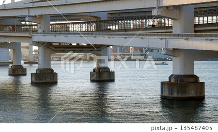 海上に並ぶレインボーブリッジのコンクリートの橋脚 135487405