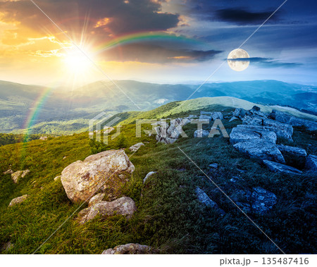 mountain landscape in summer with rocks. day and night time change concept. grass under sky with sun and moon at twilight. alpine meadow and rolling hills with boulders. equality and shift template mountain landscape in summer with rocks. day and night time change concept. grass under sky with sun and moon at twilight. alpine meadow and rolling hills with boulders. equality and shift template 135487416
