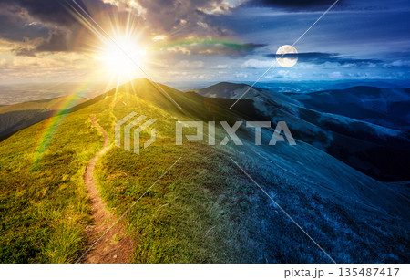 path through the grassy mountain ridge. time change concept. beautiful summer landscape with cloudy sky over green alpine meadow with sun and moon. uncertainty, trust issues and difficult relationship path through the grassy mountain ridge. time change concept. beautiful summer landscape with cloudy sky over green alpine meadow with sun and moon. uncertainty, trust issues and difficult relationship 135487417