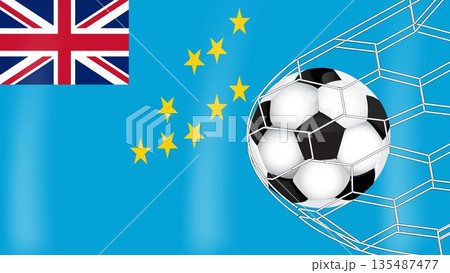 Tuvalu Soccer Background: Waving National Flag with Soccer Ball Hitting Goal Net, Tuvaluan Football Team Sports Graphic for Tournaments and Fans 135487477