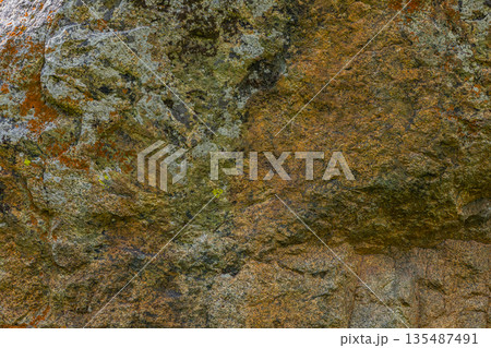 Rugged rock covered with lichen in outdoor nature setting 135487491