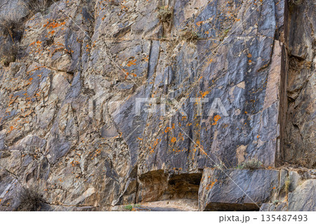 Rugged rock face with lichen in mountainous region of Kyrgyzstan Rugged rock face with lichen in mountainous region of Kyrgyzstan 135487493