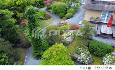 Aerial view on topiary: pruned plants and houses in Japanese style in distance in Odense Japanese garden and red (orangge, yellow) rhododendron Aerial view on topiary: pruned plants and houses in Japanese style in distance in Odense Japanese garden and red (orangge, yellow) rhododendron 135487650