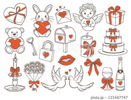 Sweet Valentines Day line art icons set. Romantic collection of hand drawn love elements. Sweet Valentines Day line art icons set. Romantic collection of hand drawn love elements. 135487747