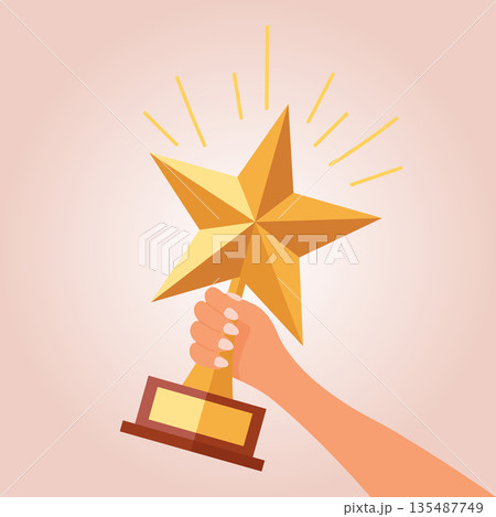 Hand holding a golden star trophy for achievement. Winner symbol illustration. Hand holding a golden star trophy for achievement. Winner symbol illustration. 135487749
