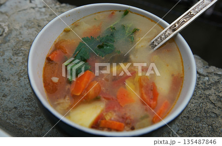 Soup with buckwheat, cabbage and tomatoes 135487846