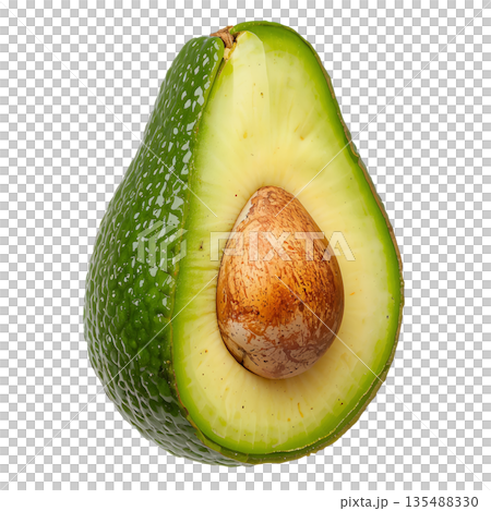 Ripe Avocado Cut in Half Showing Seed and Green Flesh Inside 135488330