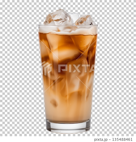 Iced Coffee Drink Served in a Glass With Ice Cubes and Layered Colors in the Morning Light 135488461