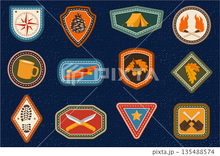 Set of Scout badge with compass, camping mug, pine cone, kayak boat with paddle, knives. Vector. Merit patch, sticker for camping outdoor and academic activities 135488574