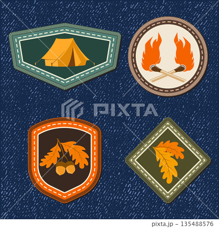Scout badge with burning matches, camping tent, oak leaves. Vector. Merit patch, sticker for camping outdoor and academic activities Scout badge with burning matches, camping tent, oak leaves. Vector. Merit patch, sticker for camping outdoor and academic activities 135488576