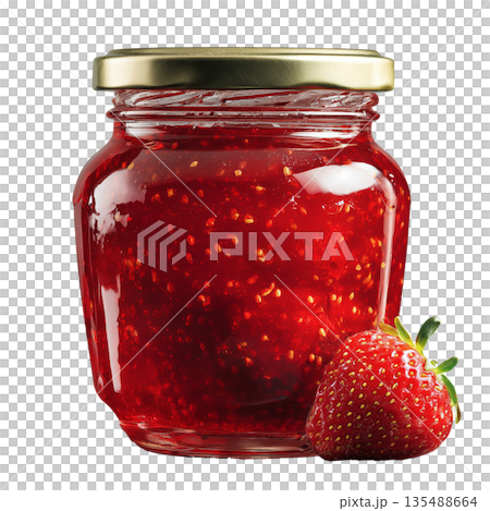Fresh Strawberry Jam in Glass Jar With Whole Strawberry on the Side 135488664