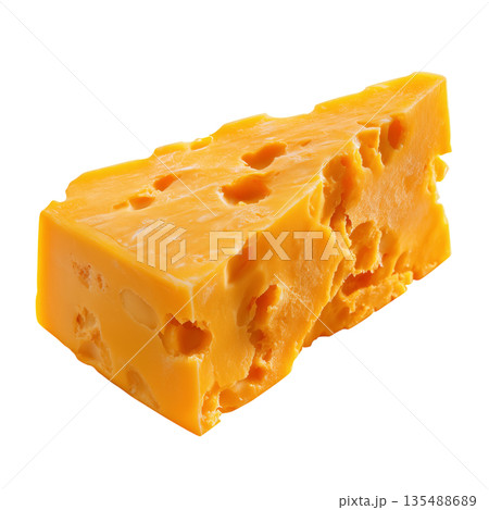 Bright Orange Cheese Block With Holes Placed on a White Background 135488689