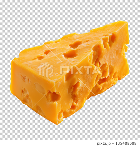 Bright Orange Cheese Block With Holes Placed on a White Background 135488689