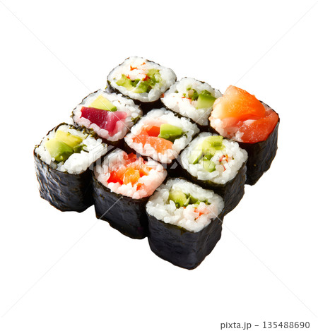 Assorted Sushi Rolls With Fresh Ingredients on a White Background Ready for Serving 135488690