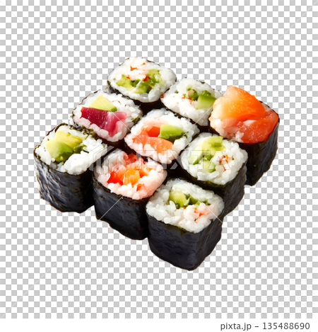 Assorted Sushi Rolls With Fresh Ingredients on a White Background Ready for Serving 135488690