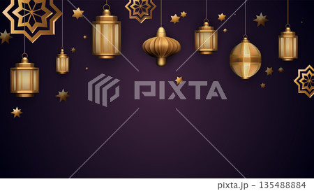 Eid al Adha greeting with lanterns festive background. Vector Illustration EPS10 Eid al Adha greeting with lanterns festive background. Vector Illustration EPS10 135488884