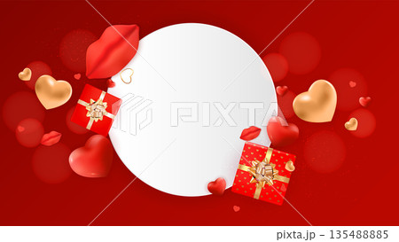 Valentine red background with hearts gifts circular frame. Vector Illustration EPS10 Valentine red background with hearts gifts circular frame. Vector Illustration EPS10 135488885