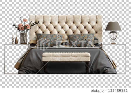 bed isolate on a transparent background, interior furniture, 3D illustration, cg render 135489581