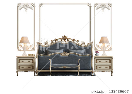 bed isolate on a transparent background, interior furniture, 3D illustration, cg render 135489607