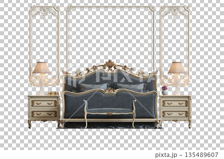 bed isolate on a transparent background, interior furniture, 3D illustration, cg render 135489607