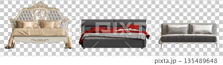 bed isolate on a transparent background, interior furniture, 3D illustration, cg render 135489648