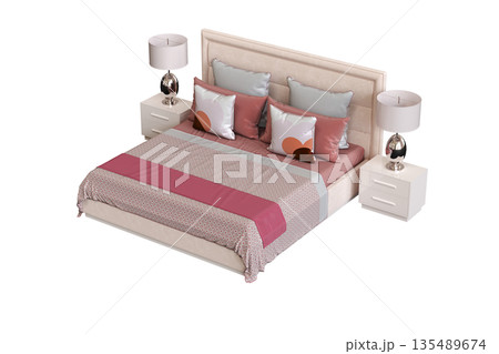 bed isolate on a transparent background, interior furniture, 3D illustration, cg render 135489674