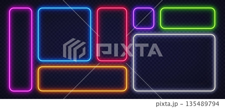 Multicolor neon frames glowing on a transparent background. Bright futuristic layout in pink, blue, red, green, orange, and white for modern digital designs. 135489794