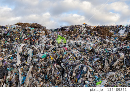 A large landfill site shows heaps of garbage and trash spread across the ground under a cloudy sky 135489851