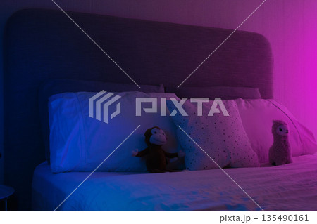 Empty bedroom with plush toys and neon lighting 135490161