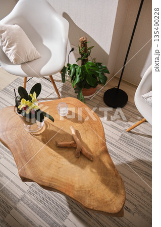 Modern living room interior featuring natural edge wood coffee table 135490228