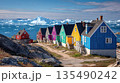 Vibrant Settlement Houses by Fjord with Snowy Mountains 135490242