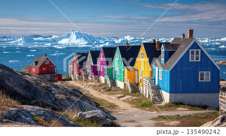 Vibrant Settlement Houses by Fjord with Snowy Mountains Vibrant Settlement Houses by Fjord with Snowy Mountains 135490242