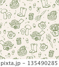 Cottagecore seamless pattern with green coquette hand drawn doodles. Gardening elegance design. Vintage cottagecore print for fabric 135490285