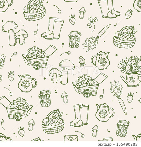 Cottagecore seamless pattern with green coquette hand drawn doodles. Gardening elegance design. Vintage cottagecore print for fabric Cottagecore seamless pattern with green coquette hand drawn doodles. Gardening elegance design. Vintage cottagecore print for fabric 135490285