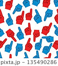 A seamless repeating pattern of red and blue sports fan foam fingers pointing in different directions on a white background. Represents competition and team support. High quality photo 135490286