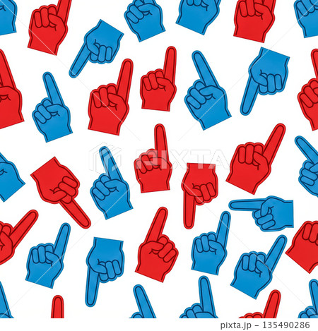A seamless repeating pattern of red and blue sports fan foam fingers pointing in different directions on a white background. Represents competition and team support. High quality photo 135490286