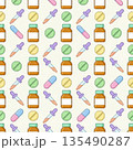 Colorful seamless pattern with cartoon pills, medicine bottles, and droppers. Ideal for healthcare, pharmacy, and medical-themed backgrounds or designs.. High quality photo 135490287