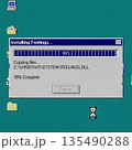 Humorous vaporwave art of a retro Windows dialog box Installing Feelings... stuck at 99. Pixelated computer screen aesthetic.. High quality photo 135490288