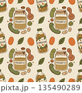 Fun seamless pattern with smiling probiotic characters and kombucha bottles. Ideal for wellness blogs, health food packaging, and fabric prints.. High quality photo 135490289