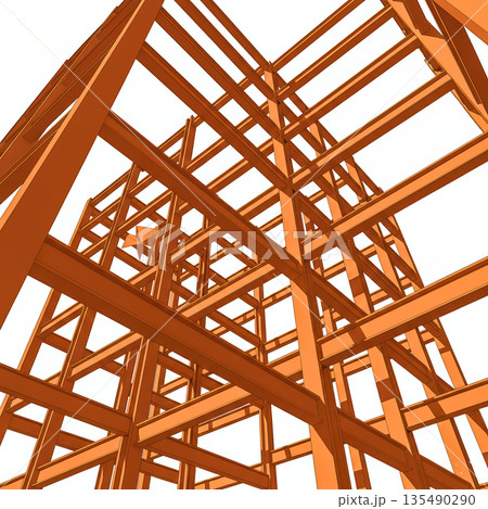 Perspective view of an orange steel structure. Represents modern architecture, engineering, and industrial construction design.. High quality photo Perspective view of an orange steel structure. Represents modern architecture, engineering, and industrial construction design.. High quality photo 135490290
