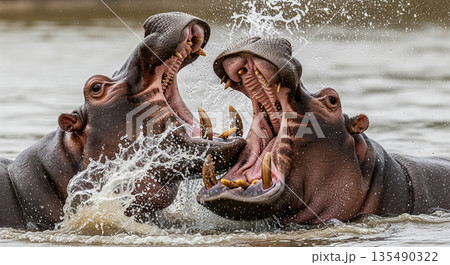Two hippos are fighting by snapping their jaws together in the river. Water splashes around them as they display aggression. It is daytime and the sun shines on the scene. 135490322