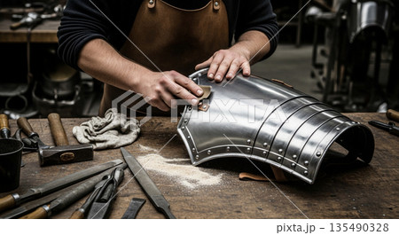 A worker uses an oiled rag to polish a steel...のイラスト素材 [135490328] - PIXTA