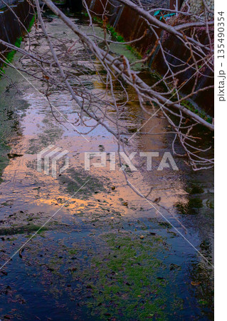 川面にほどける夕焼け　何か分からない景色 Sunset Reflected on River Sur 135490354