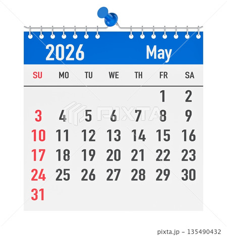 May 2026 wall calendar page with push pin. 3D rendering 135490432