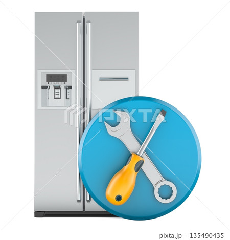 Refrigerator with repair and service icon. 3D rendering 135490435