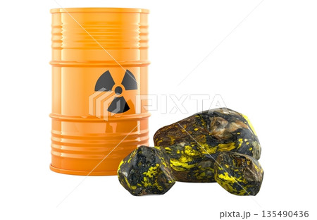 Uranium barrel with radiation symbol and uranium ore rocks. 3D rendering Uranium barrel with radiation symbol and uranium ore rocks. 3D rendering 135490436