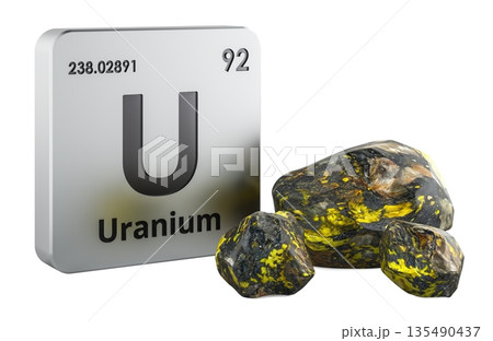 Uranium chemical element symbol with uranium ore, 3D rendering Uranium chemical element symbol with uranium ore, 3D rendering 135490437