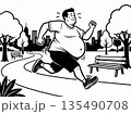 公園を走る太った男性の白黒イラスト（ダイエット・塗り絵） 135490708
